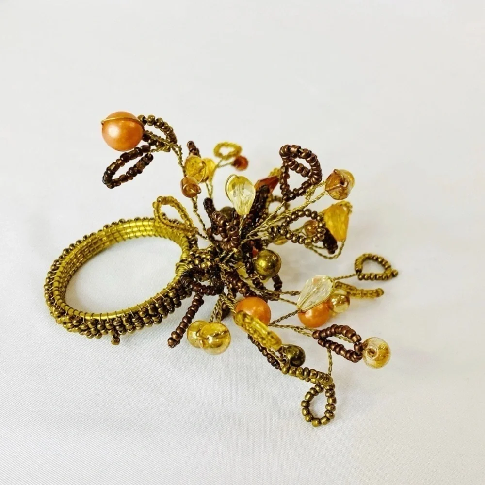 Set of 6 Pier 1 Beaded Floral Brown Gold Peach Napkin Rings